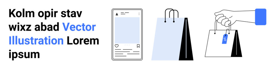 Shopping bags, smartphone social media interface, and hand holding tagged bag. Ideal for online shopping, e-commerce, digital marketing, branding, product promotion, retail simple landing page