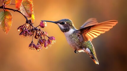 Obraz premium Hummingbird in Flight Feeding on Berries