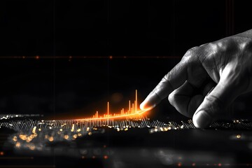 Hand Touching Digital Data Wave on Dark Background