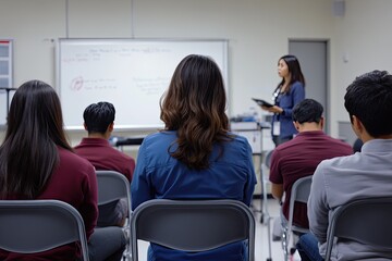 Classroom lecture Diverse students listen attentively to an instructor; whiteboard presentation, educational setting