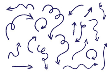 Hand-drawn doodle arrows in various curved, wavy, and looped styles. Chalk, sketch-style navy arrows perfect for directions, infographics, presentations, creative designs, and highlighting elements