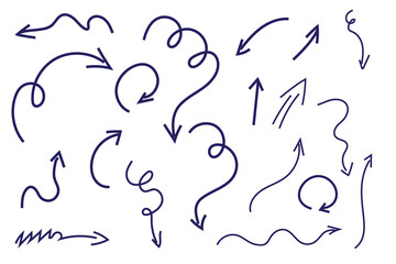 Hand-drawn navy blue arrows collection. Diverse directional elements including curved, wavy, spiral, straight, and zigzag arrows on white background. Perfect for presentations, infographics, flowchart
