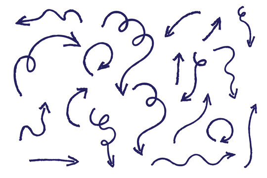 Hand-drawn doodle arrows in various curved, wavy, and looped styles. Chalk, sketch-style navy arrows perfect for directions, infographics, presentations, creative designs, and highlighting elements