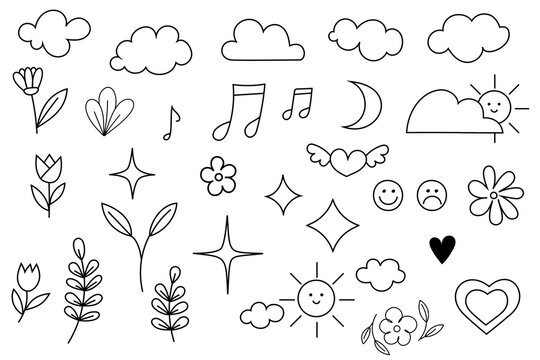 Hand-drawn doodle illustration set of playful elements like hearts, clouds, music notes, plants and abstract shapes. Simple black-and-white sketch perfect for banners, posts and creative designs