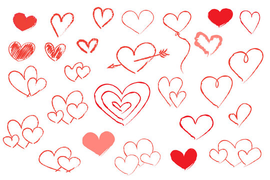 Hand-drawn, chalk heart doodles in red and pink, featuring various sketch styles, double hearts, arrows, and balloons. Perfect for Valentine’s Day, love themes, romantic designs, and creative projects