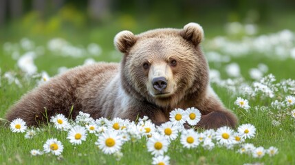 Fototapeta premium Brown bear resting in a field of daisies