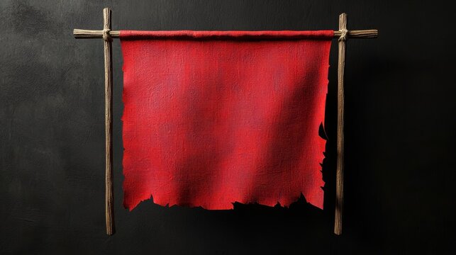 Red flag hanging wooden pole is rectangular shape red medieval f