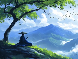 Peaceful Monk Contemplating Mountain Views.