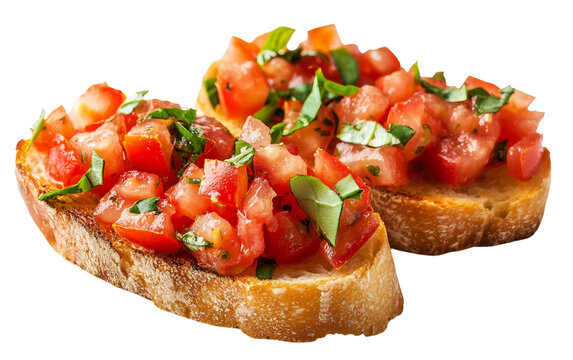 A serving of fresh bruschetta topped with diced tomatoes garlic and basil on crispy bread Isolated on transparent background PNG