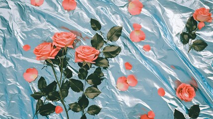 Elegant Pink Roses on Blue Metallic Fabric Background