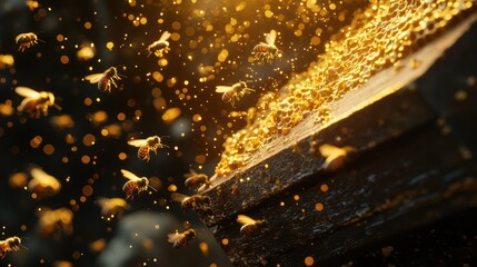 Bees returning to hive, pollen, golden hour, nature