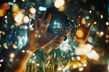 Young individual with VR headset engaged in a visually rich digital experience surrounded by lights : Generative AI