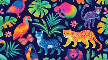 Fototapeta premium Vibrant Jungle Animals Pattern Background