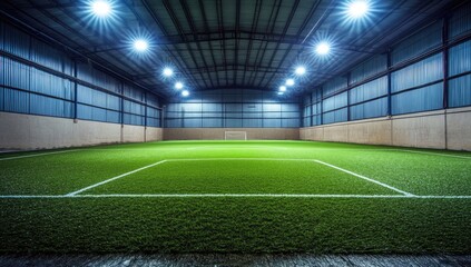 Obraz premium Indoor soccer field, brightly lit, artificial turf
