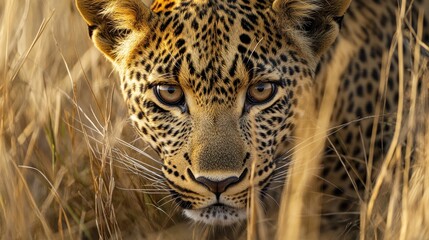 Obraz premium Captivating gaze of a leopard, perfectly camouflaged in the African savanna grasslands