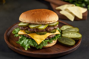 Juicy Double Cheeseburger with Pickles and Lettuce on Wooden Plate