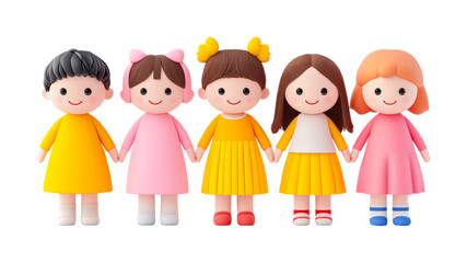 Cute cartoon group of children holding hands in colorful outfits, cut out