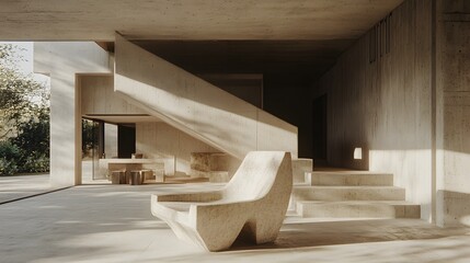 Minimalist Concrete House Interior Design with Modern Chair and Sunlight