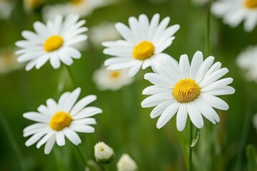 Obraz premium Vibrant white daisies flourishing in a scenic meadow surrounded by lush greenery and blue skies