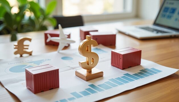 Gold dollar symbol with shipping containers, airplane, and euro symbol on a growth chart background, representing global trade and economic impact concept of finance or business. - Powered by Adobe