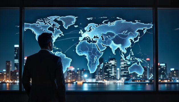 Businessman observing illuminated holographic world map with economic data against modern city skyline, global trade concept of finance or consulting - Powered by Adobe