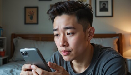 Man showing concern while using smartphone in a bedroom  