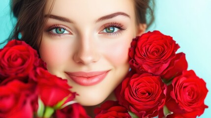 Naklejka premium Young caucasian female with red roses and bright eyes against blue background