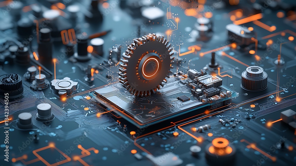 Poster High-tech circuit board with gear and processor.  Complex electronic system with intricate details
