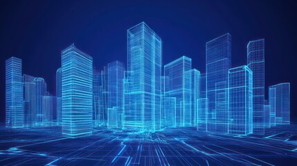 Digital Cityscape, Wireframe Buildings, Futuristic Architecture, Technological Design, Abstract City