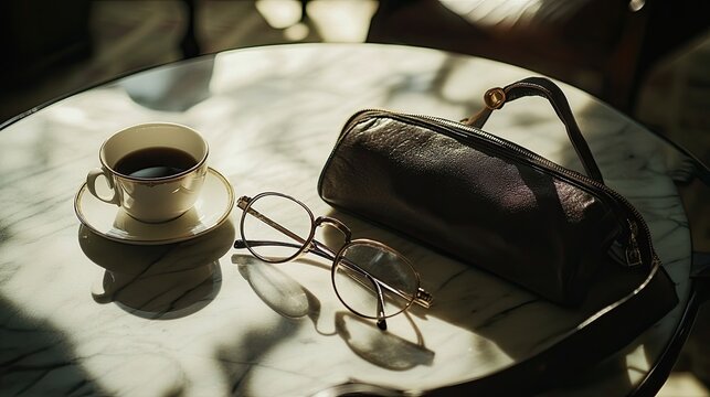 Coffee, glasses, case on cafe table, sunlit. Lifestyle blog