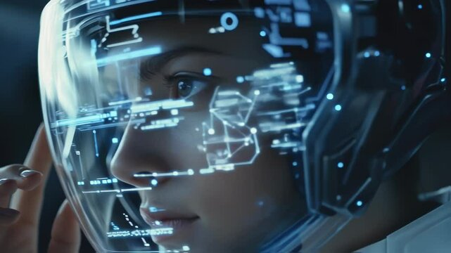 Female astronaut wearing futuristic helmet with head up display explores new planet, interacting with data and information displayed on visor