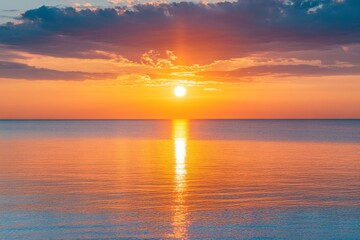 Obraz premium Tranquil sunrise over the horizon first light illuminates a serene sea, signifying a new day