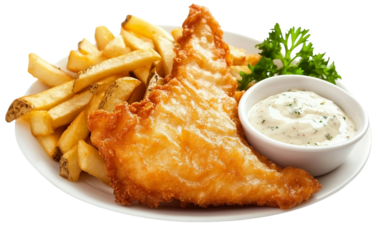 Delicious English fish and chips served with tartar sauce and a side of mushy peas Isolated on transparent background PNG