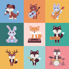 2d vector illustration icon cool entertainment cartoon character  music tools (Drum , Music Note , Headphones ,Microphone , Piano , Guitar ,Record) 
