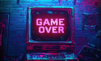 Old dusty computer showing game over screen in 80s style room