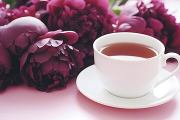 Closeup of Teacup and Dark Pink Peonies