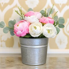 Pink and White Ranunculus Flower Bouquet in Metal Bucket