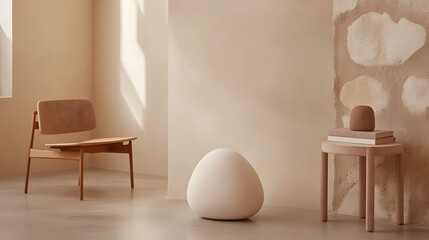 Modern Minimalist Room Interior Design with Wooden Chair and Stone Object