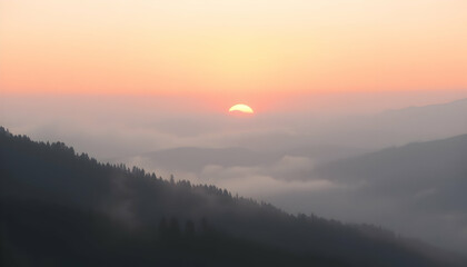 Obraz premium Serene Sunrise Over Misty Mountain Peaks Breathtaking View