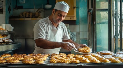 A baker is arranging pastries in his workplace kitchen