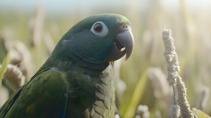 Fototapeta premium Vibrant Green Parrot in Sunny Meadow AI Art