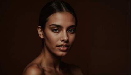 Portrait of a beautiful woman with a warm smile in a dark studio setting.

