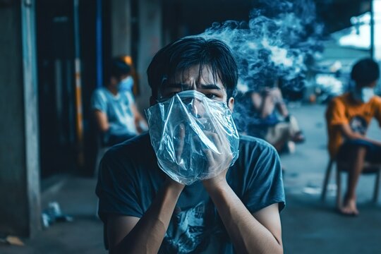 Young man is inhaling smoke from a plastic bag, illustrating the dangers of drug abuse and addiction, potentially highlighting a social issue
