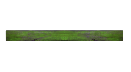 Horizontal old varnished long wooden green board. On isolated transparent background.
