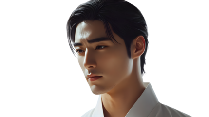 Stylish Man Portrait Dark Hair Asian Features Close Up Serious Expression Clean Shaven Fa