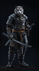 Fototapeta premium tiger knight warrior with sword skeletal metal armor