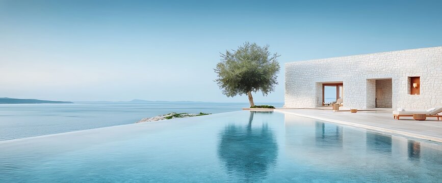 Infinity pool overlooking the sea with a modern villa