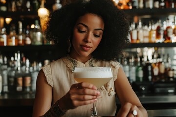 Talented woman bartender skillfully mixing creative cocktails in a vibrant nightclub setting