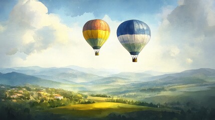 Obraz premium Two hot air balloons over valley landscape