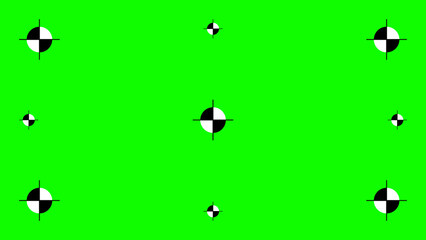 Greenscreen template. Green background with tracking black cross marks. Chromakey video technology to add visual effects or VFX in footage during movie post-production phase. Vector flat illustration.
